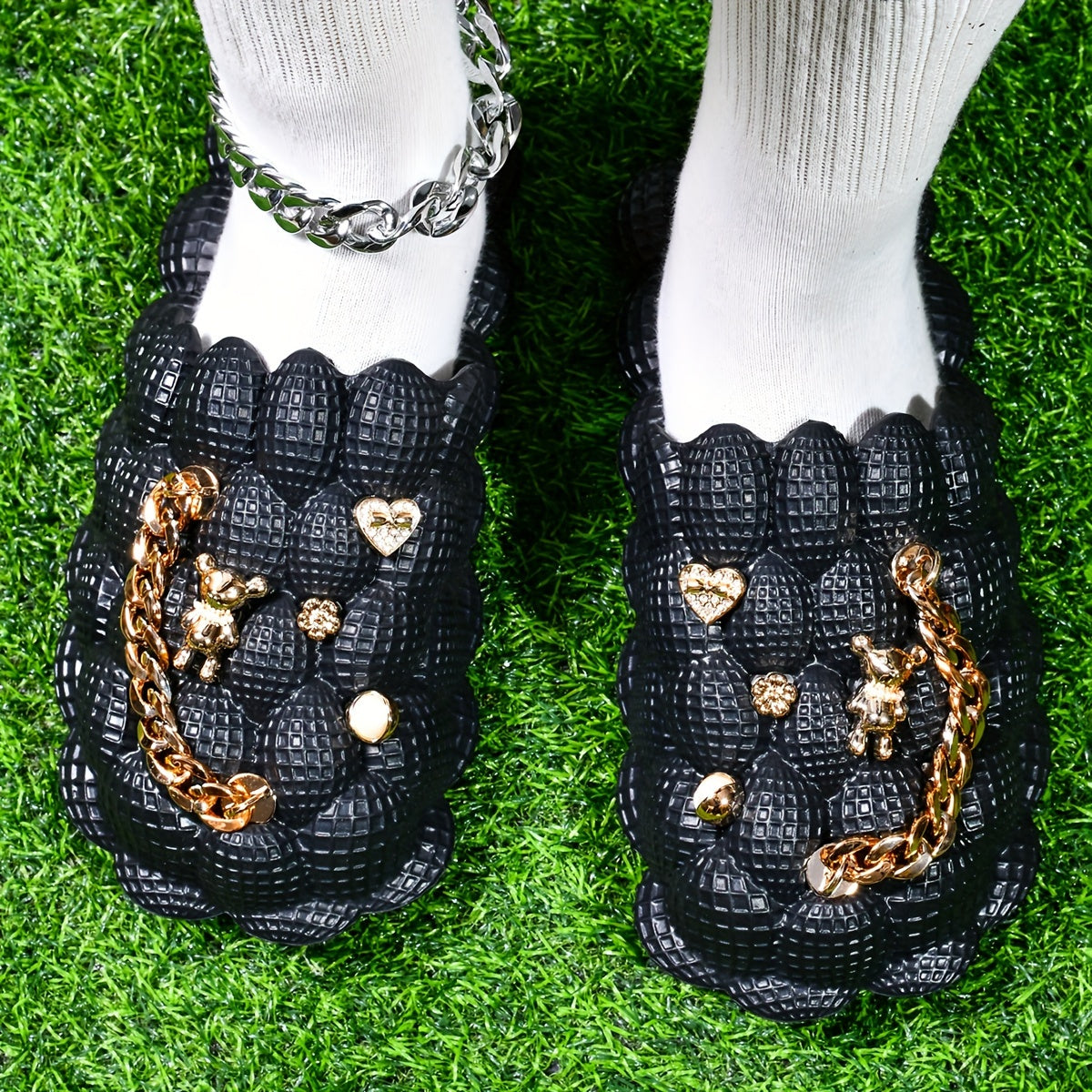 Women's Fashion Trendy Bubble Slippers With Golden Chain, Soft Comfortable Bottom Outdoor Slippers